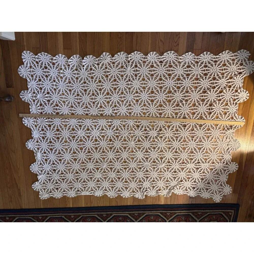 Vintage Handmade Tablecloth Large Crochet Lace Scallop Edge Cottage Ivory
